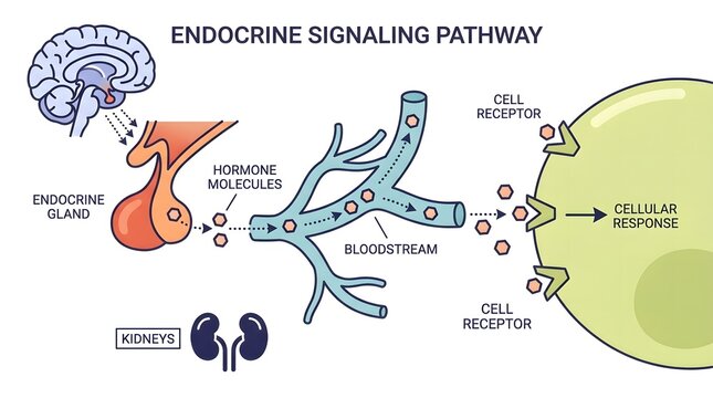 Illustration of the endocrine signaling pathway showing hormone release from a gland, transport via bloodstream, and binding to cell receptors for a cellular response.