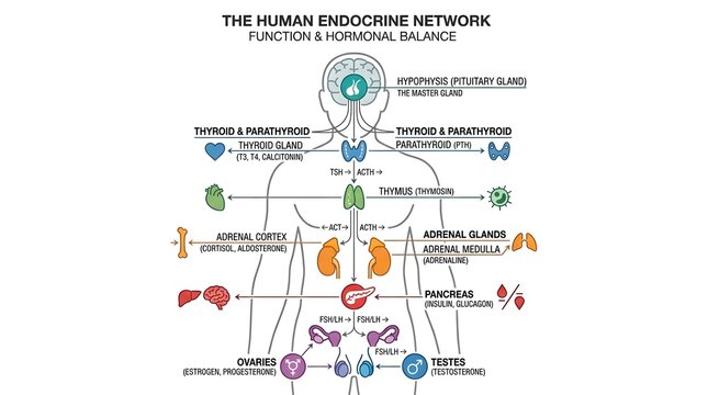 Detailed diagram illustrating the human endocrine network, its functions, and hormonal balance within the body.
