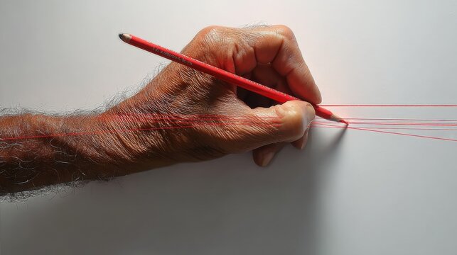 Close-up of a skilled hand holding a red pencil, drawing parallel lines on a white surface, symbolizing precision and creativity