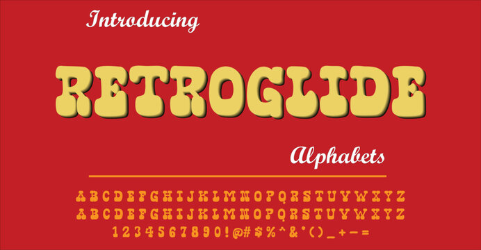 Funky Retroglide retro alphabet vector with smooth puffy letterforms and bold 70s psychedelic styling. Ideal for retro branding, music event posters, vintage logos, and groovy typographic art.