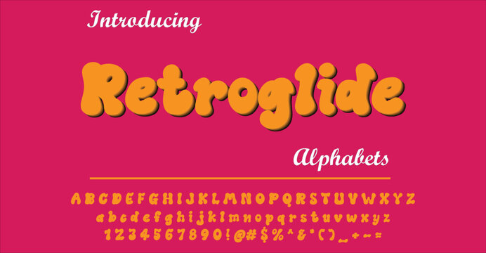 Lively Retroglide alphabet vector with bold rounded letterforms in classic retro 70s groove style. Great for vintage poster art, music event branding, retro logo creation, and funky typographic art.