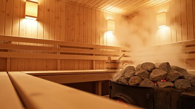 Relaxing Steam Rising from Hot Stones in a Traditional Wooden Sauna Room.