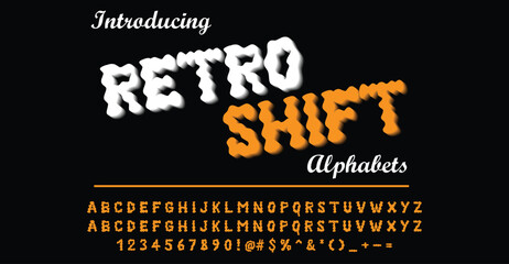 Naklejka premium Groovy Retroshift retro alphabet vector featuring bold shifted letters with vibrant 70s vintage style. Perfect for retro branding, music posters, vintage logo design, festival art, and typography.