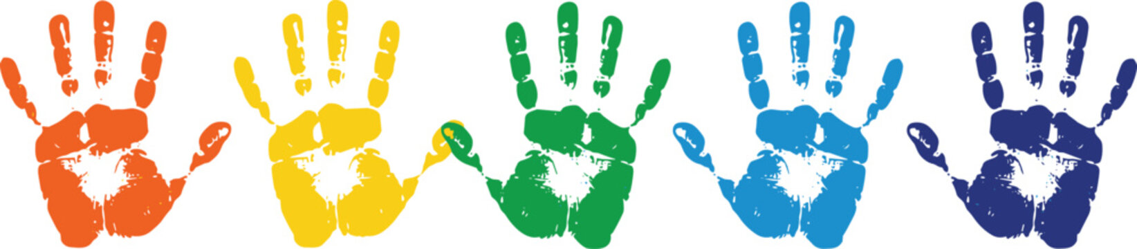 A vibrant collection of five colorful handprint imprints in orange yellow green blue and dark blue arranged horizontally across a white background representing diversity and creativity