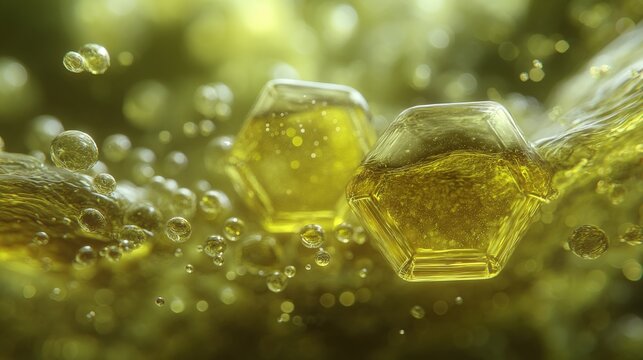 Macro Close-up of Hexagonal Crystalline Structures within a Bubbling Yellow Liquid, Evoking Science and Abstract Concepts
