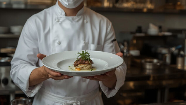 Professional Chef in Mask Presenting Gourmet Plated Dish in Commercial Kitchen