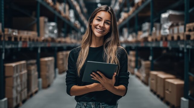 Young woman warehouse worker smiling holding tablet computer inspecting inventory on shelves