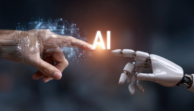 Human Finger Touches Robot Finger Igniting AI Symbol with Digital Circuitry