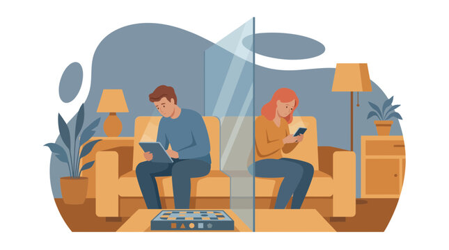 Couple separated by glass wall using gadgets on sofa