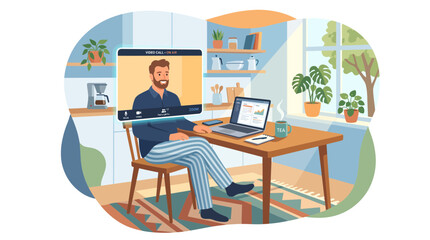 Fototapeta premium Man in Pajama Pants Having Video Call While Working From Home