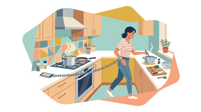 Woman Chained to Smartphone While Cooking in Kitchen Concept