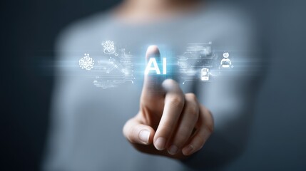 Fototapeta premium Person touching glowing AI interface with digital icons representing data, machine learning, and human interaction