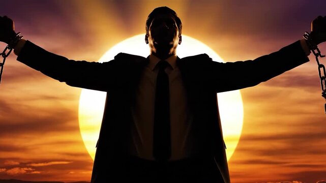 Silhouette of a man breaking free from chains against a vibrant sunset.