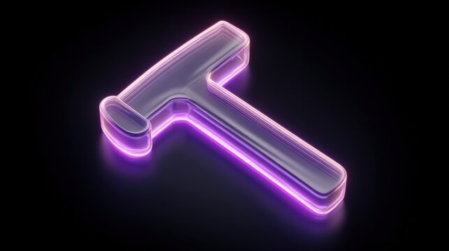 Abstract transparent T-shaped object with glowing neon purple light on a dark background