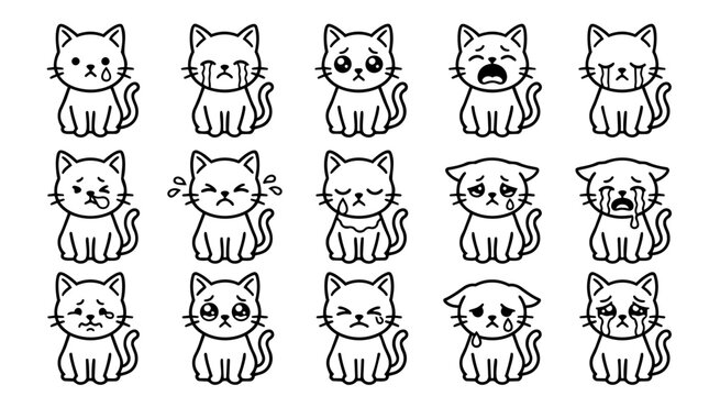 Cute cartoon cats expressing sadness and crying emotions