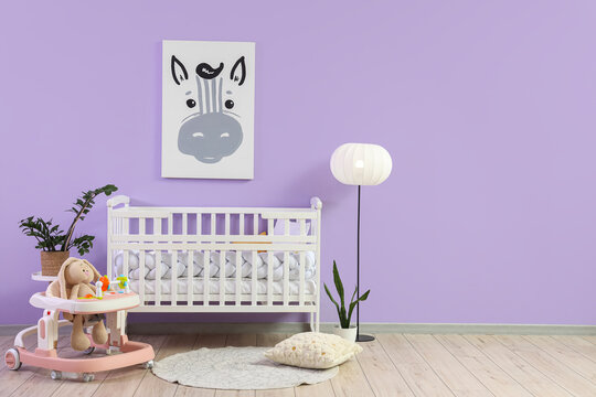 Modern baby nursery room interior with white crib, zebra art, and walker on light purple wall