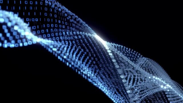 Abstract digital data stream flowing through a dark void with glowing blue binary code particles