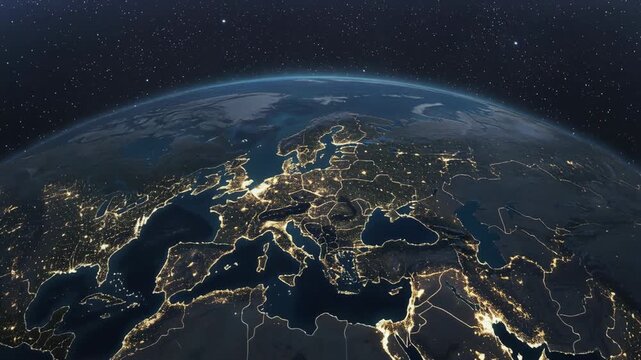 Stunning nighttime view of Earth from space with glowing cities and illuminated country borders