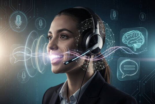 Woman with headset analyzing voice technology for AI