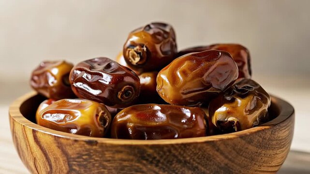 Fresh ripe dates in a wooden bowl close up natural healthy snack full of vitamins and natural sweetness