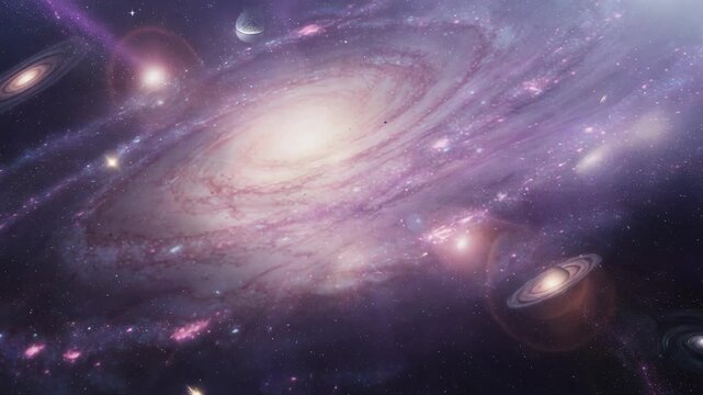 Radiant purple swirling galaxy with glowing stars shining through deep space