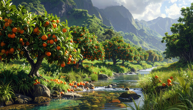 Lush orange grove by river