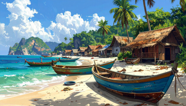Tropical island village beach painting