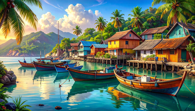 Colorful boats in tropical harbor