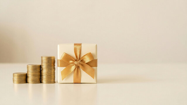 Glittering Golden Gift Box with Ribbon and Stacked Coins Symbolizing Prosperity and Financial Success Perfect for Investment Banking Advertising Corporate Rewards Presentation and Finance Branding