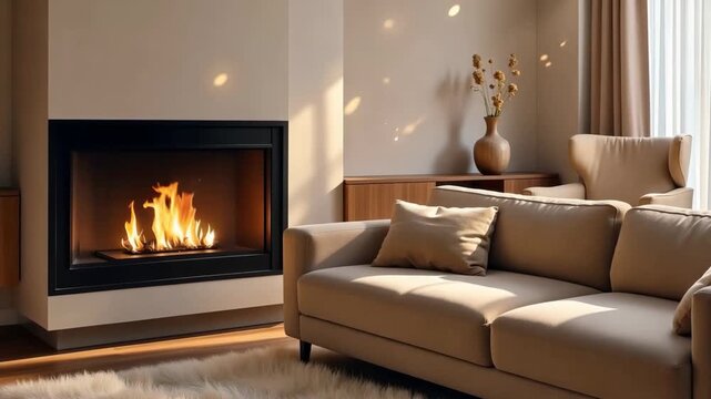 Cozy living room with natural light beige sofas modern fireplace and minimalist decor for a serene atmosphere