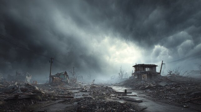 Post-apocalyptic landscape with dark stormy skies and destroyed buildings