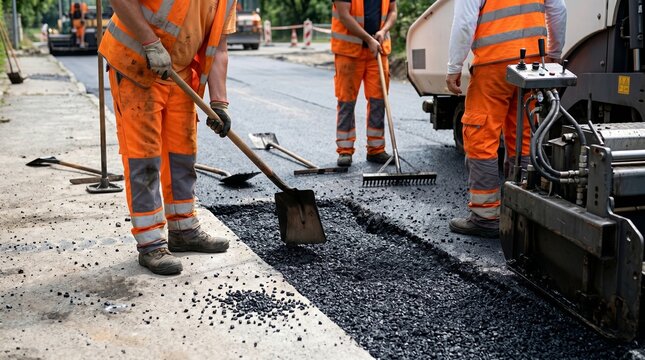 Construction workers repairing road patch with fresh asphalt and hand shovel