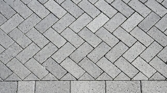Top down view of grey concrete interlocking paving bricks in herringbone pattern