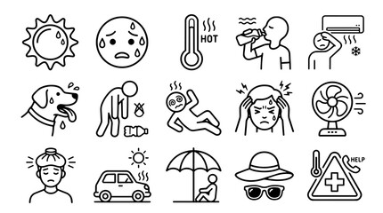 Fototapeta premium Set of heatstroke and summer heat safety line icons