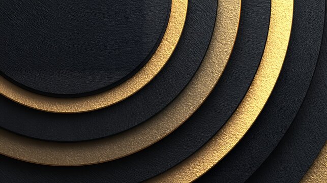 Abstract luxury background with overlapping black leather and gold textured concentric circles for premium elegant design templates