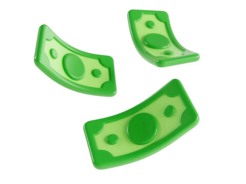 Floating 3D cartoon style paper money bills, stylized green banknotes flying in air, isolated digital assets for financial design, banking, wealth, commerce, economy.