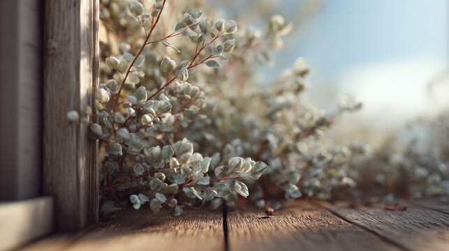 Sunlit Silverleaf Bush on Wooden Deck Creates a Tranquil and Natural Scene