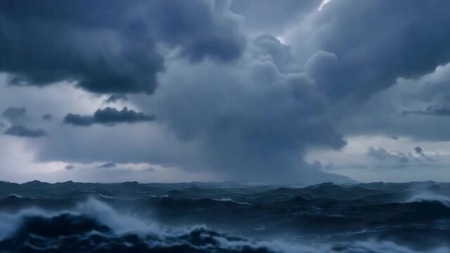 Powerful ocean storm with swirling clouds lightning strikes and heavy rain over turbulent sea