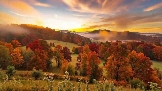 Peaceful autumn sunrise over rolling hills with vibrant red trees and soft morning mist in countryside
