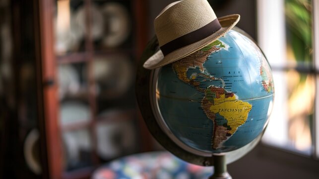 Old World Globe With Brown Fedora Hat Resting on Top in Cozy Indoor Setting
