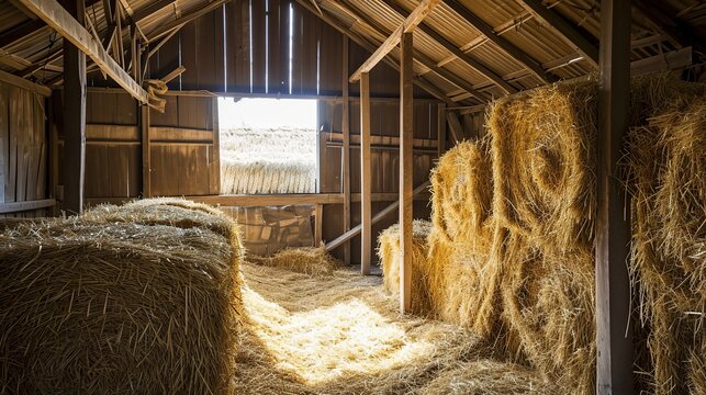 Old rustic barn interior with stacked straw bales, wooden beams, and sunlight streaming through a small window