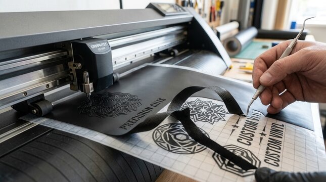 Close-up of a vinyl cutter machine precisely cutting a custom design onto a sheet of vinyl material.