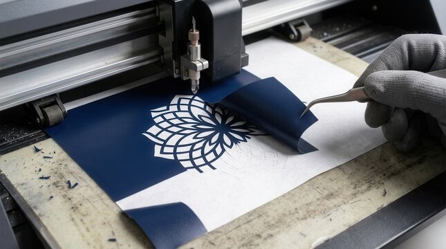 Close-up of a vinyl cutter machine precisely cutting a detailed floral design.