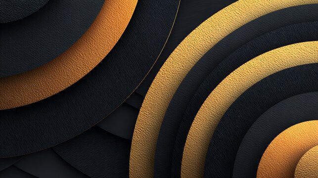 Luxurious abstract 3D background with overlapping curved layers of black leather and shiny golden textures for elegant modern design