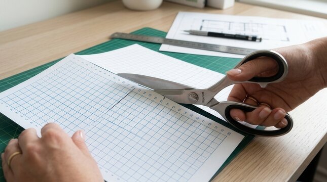 Close-up of hands cutting graph paper with scissors on a cutting mat.