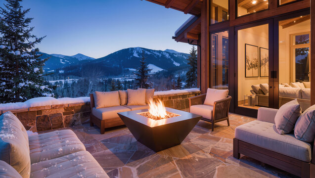 Luxury Mountain Home Patio with Fire Pit and Snowy Views at Dusk