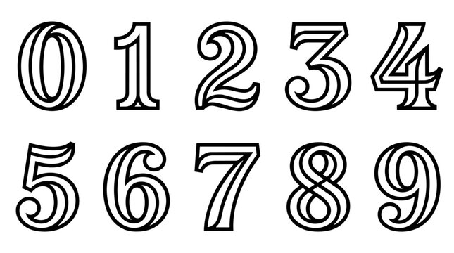 Set of decorative triple line numbers from zero to nine