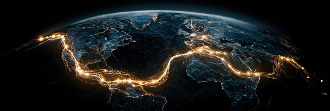 A global shipment is routed by autonomous logistics AI on a 3D map. The path shines gold between origin and destination.