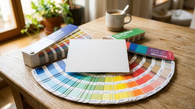 Color Palette Swatches and Blank Card on Wooden Table.