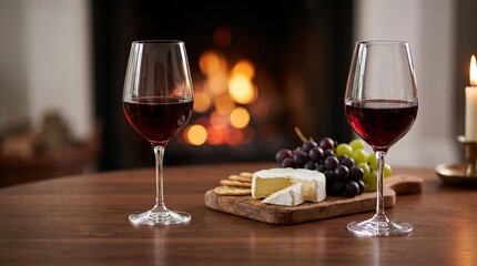 Naklejka premium Two glasses of red wine with a cheese board and grapes on a wooden table, with a fireplace in the background